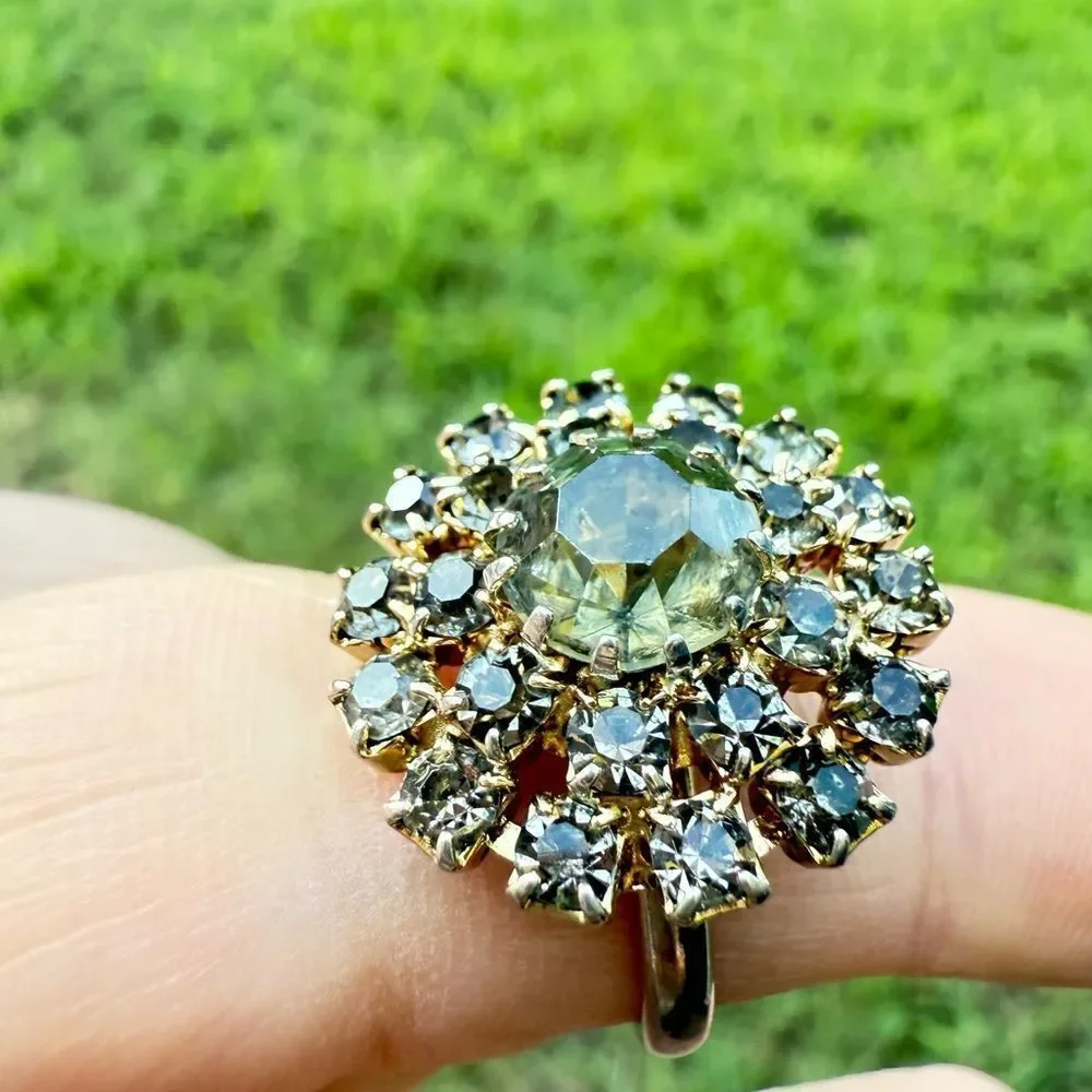 VINTAGE ADJUSTABLE SILVER RING WITH LARGE ROUND CRYSTAL CLUSTER – STATEMENT JEW